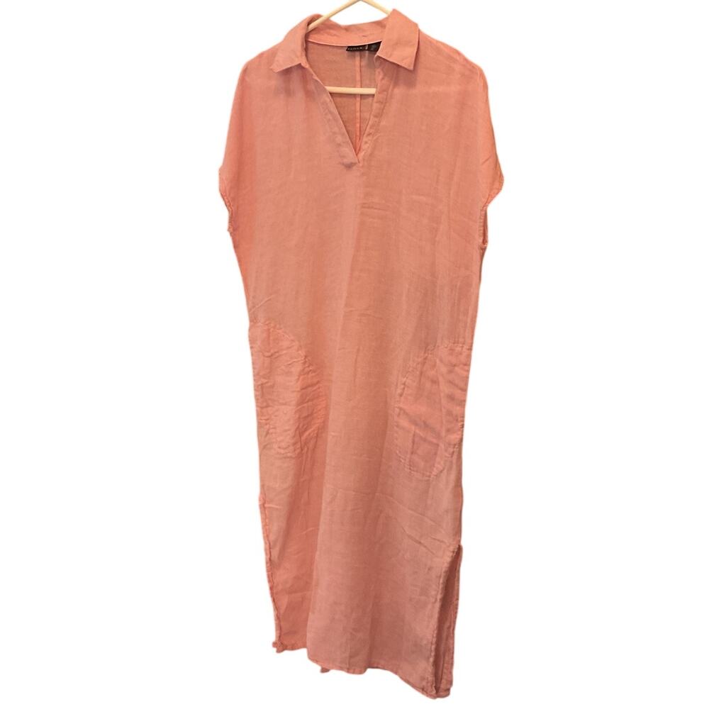 Tahari Pink Linen Blend Cap Short Sleeve Katftan Shift Small Maxi Dress Pocket